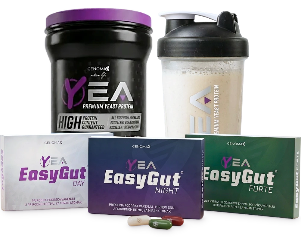 Yea Protein kisela višnja 500g, šejker sa proteinskim napitkom i tri EasyGut kutije: Day, Night i Forte